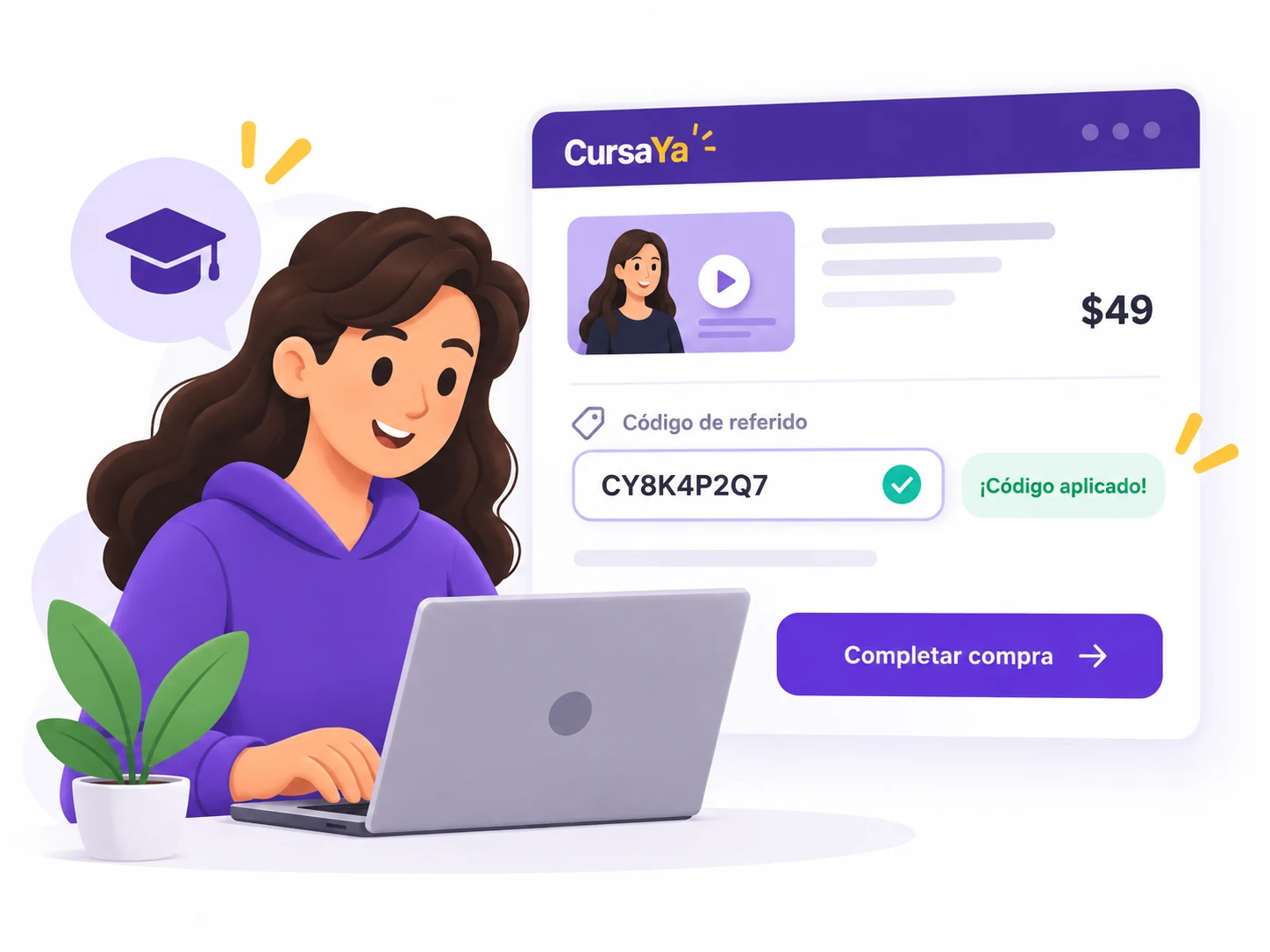 Un amigo usando el código de referido durante la compra de un curso.